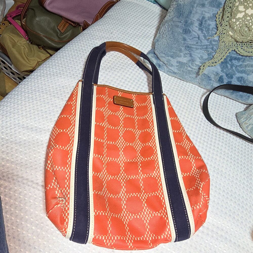 KATE SPADE WAVERLY PLACE NOEL ORANGE NAVY WAXED COTTON LARGE TOTE BAG